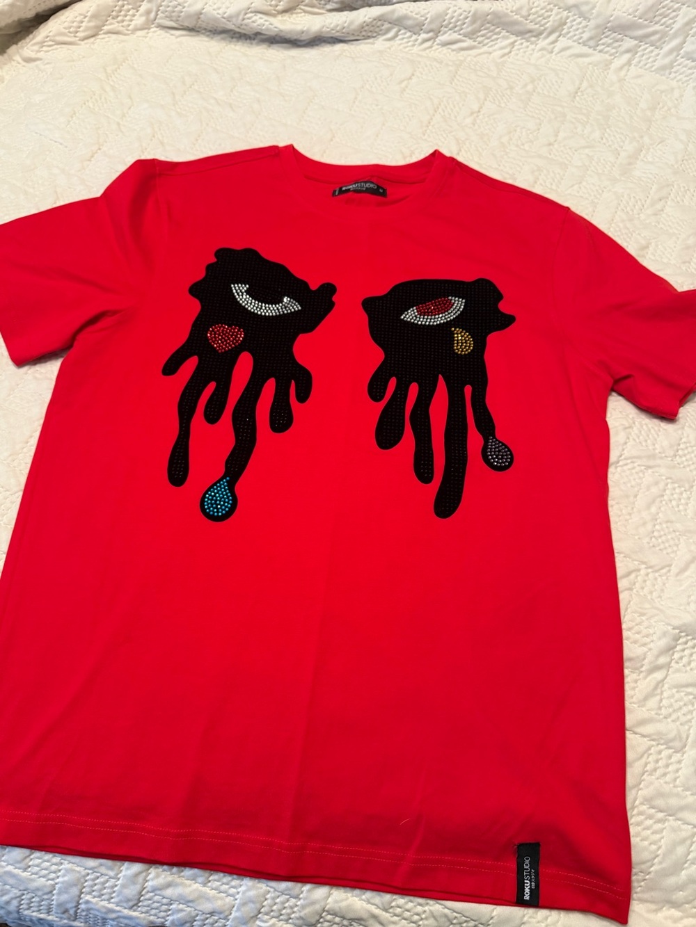ROKU Studio Bright Red Crewneck Tee with Black Drip Graphic
